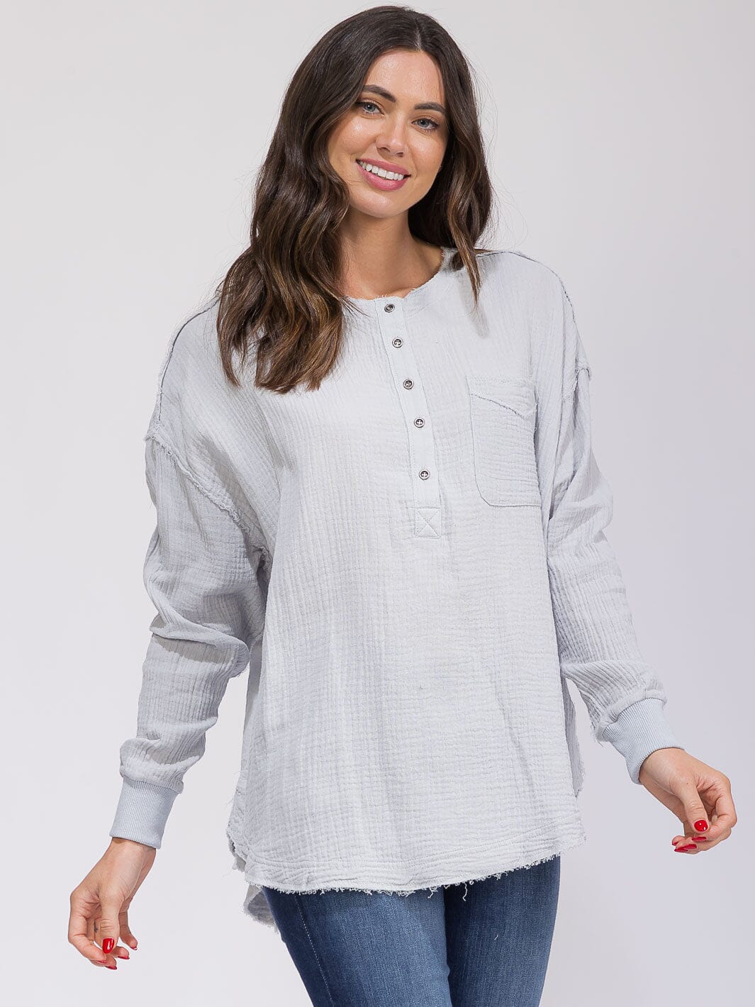WOMEN'S LONG SLEEVE BUTTON UP FRONT POCKET TUNIC HIGH-LOW TOP