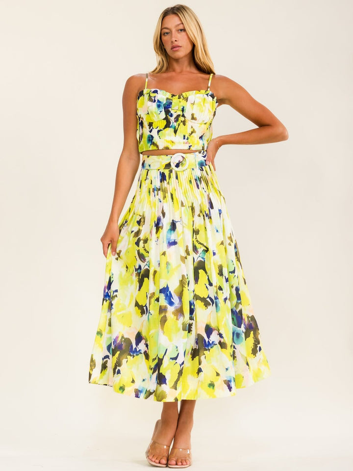 BEULAH WOMEN'S SLEEVELESS TOP & BUTTON CLOSURE MAXI SKIRT PLEATED FLORAL 2PC. SET