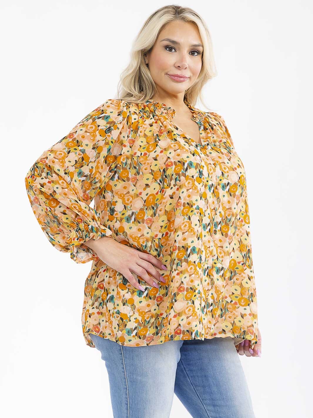 PLUS SIZE LONG SLEEVE V-NECK FLORAL PRINT BLOUSE