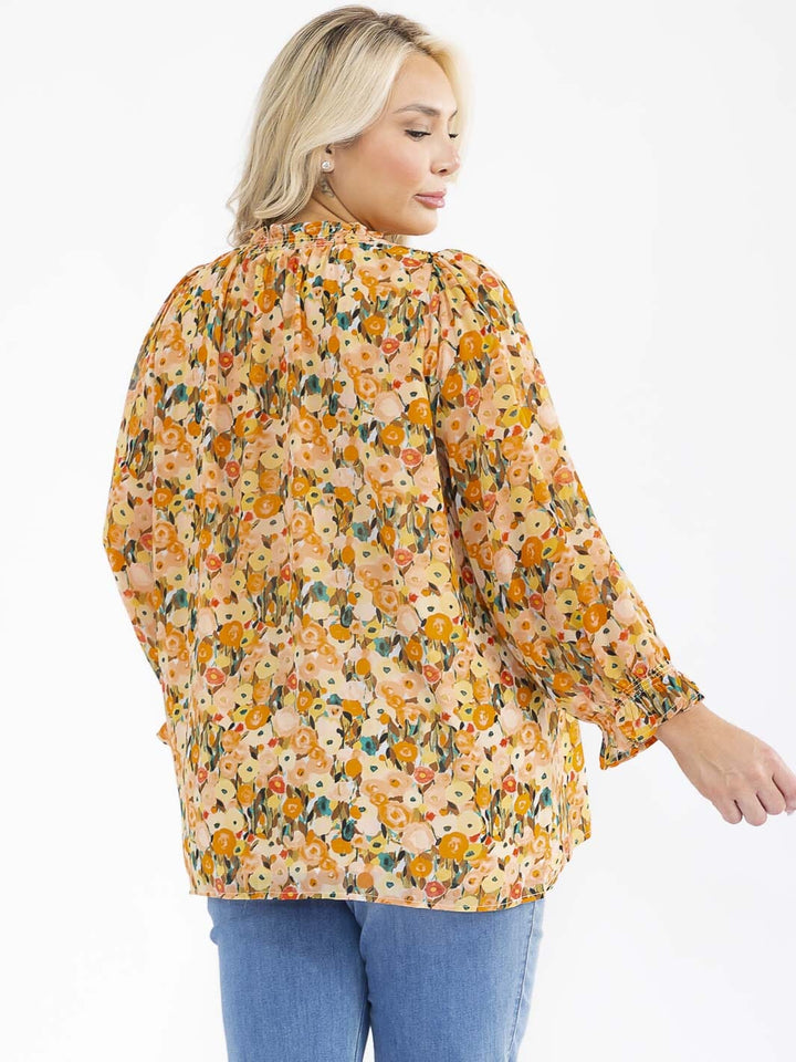 PLUS SIZE LONG SLEEVE V-NECK FLORAL PRINT BLOUSE