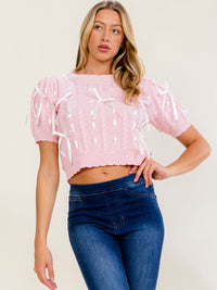 WOMEN'S SHORT SLEEVE CROCHET BOWS DETAILED CROP BLOUSE