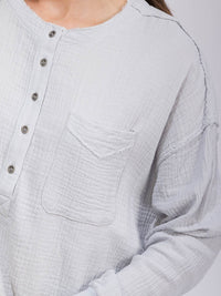 WOMEN'S LONG SLEEVE BUTTON UP FRONT POCKET TUNIC HIGH-LOW TOP