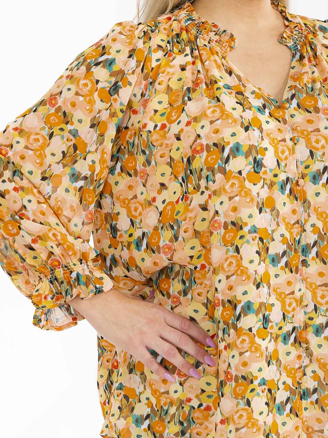 PLUS SIZE LONG SLEEVE V-NECK FLORAL PRINT BLOUSE