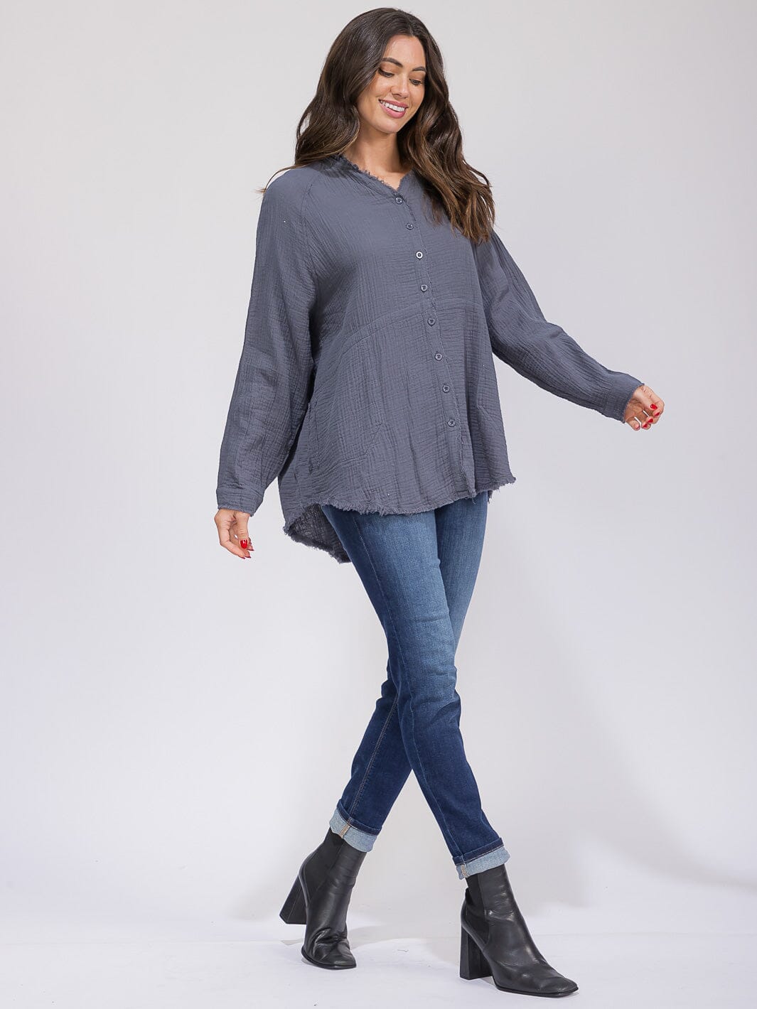 WOMEN'S LONG SLEEVE BUTTON CLOSURE POCKETS TUNIC HIGH-LOW TOP