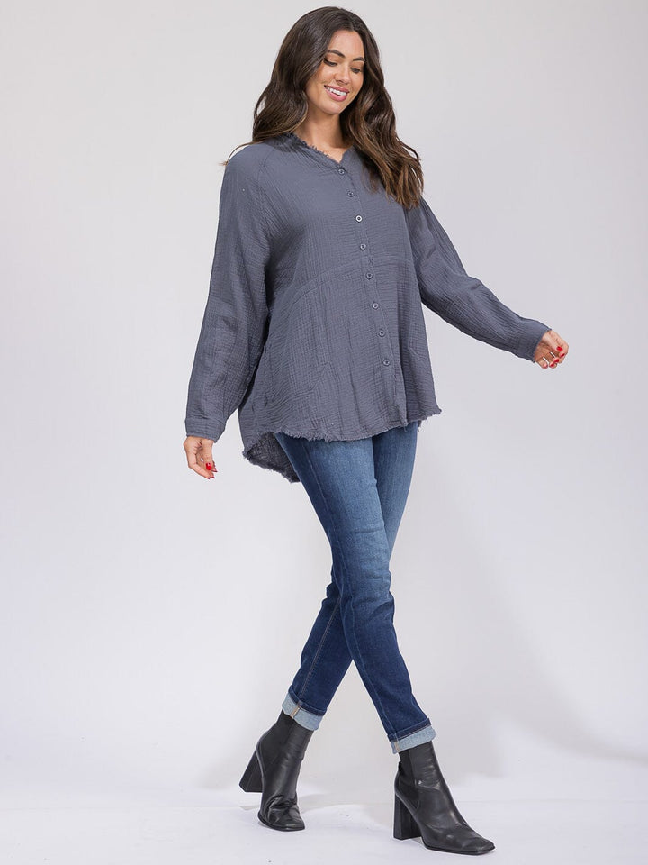 WOMEN'S LONG SLEEVE BUTTON CLOSURE POCKETS TUNIC HIGH-LOW TOP