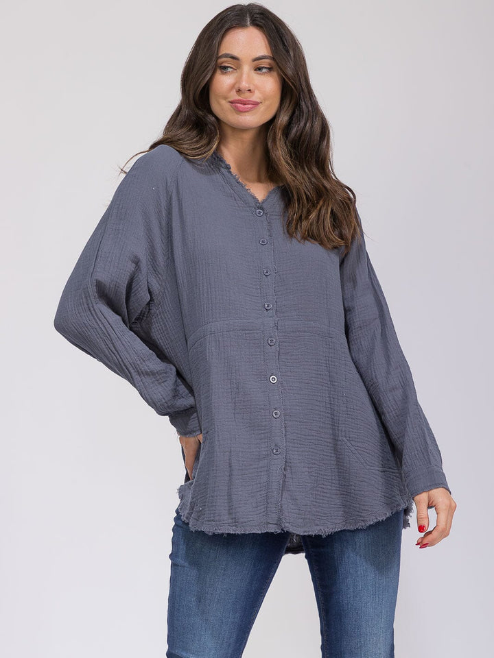 WOMEN'S LONG SLEEVE BUTTON CLOSURE POCKETS TUNIC HIGH-LOW TOP