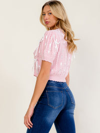 WOMEN'S SHORT SLEEVE CROCHET BOWS DETAILED CROP BLOUSE