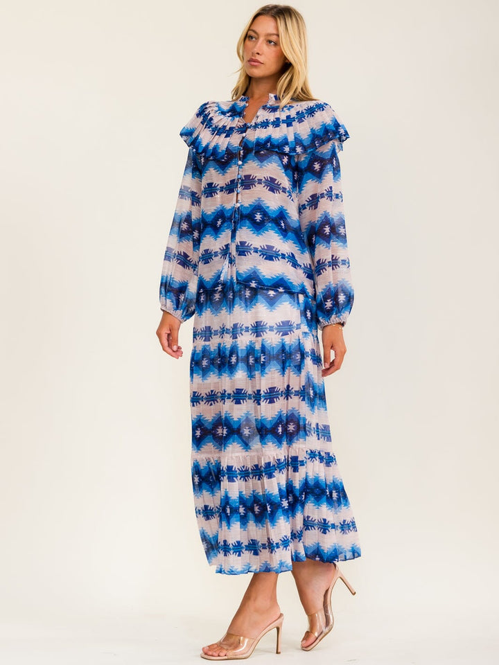 BEULAH WOMEN'S LONG SLEEVE BLOUSE & ZIP UP MAXI SKIRT MULTI PRINT 2PC. SET