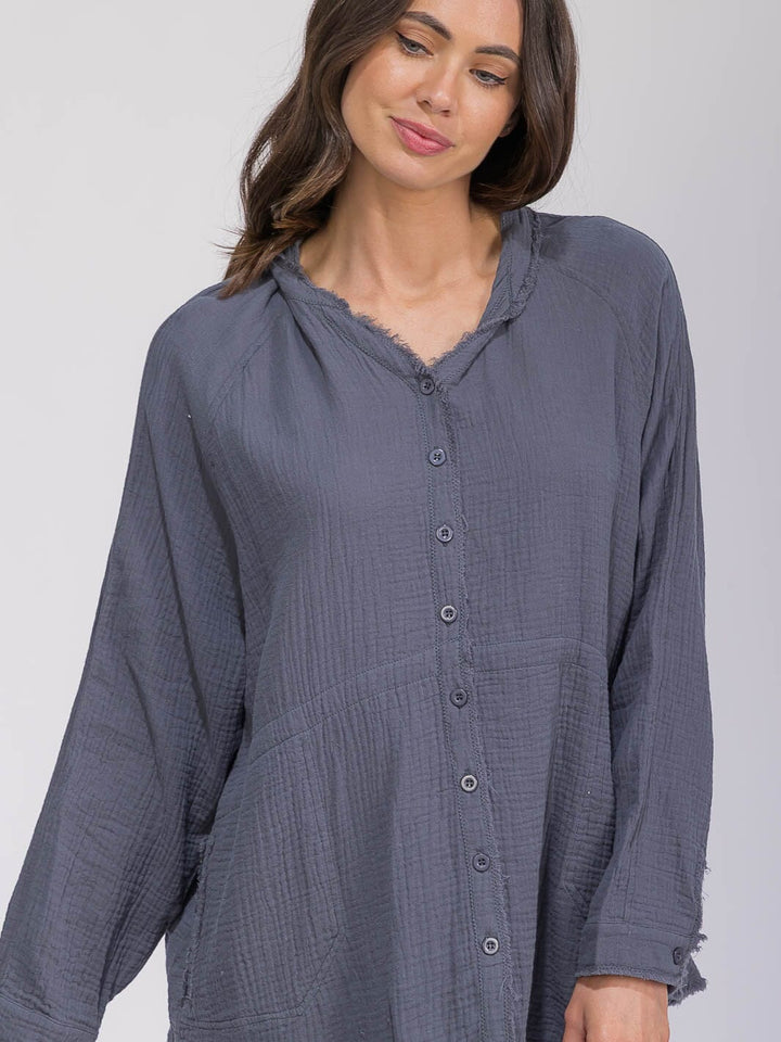 WOMEN'S LONG SLEEVE BUTTON CLOSURE POCKETS TUNIC HIGH-LOW TOP