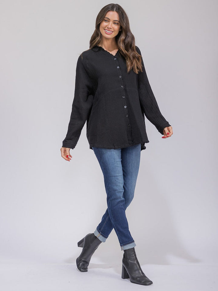 WOMEN'S LONG SLEEVE BUTTON CLOSURE POCKETS TUNIC HIGH-LOW TOP