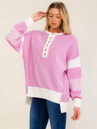 WOMEN'S LONG SLEEVE BUTTON CLOSURE COLORBLOCK HIGH-LOW PULLOVER SWEATER