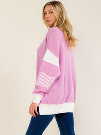 WOMEN'S LONG SLEEVE BUTTON CLOSURE COLORBLOCK HIGH-LOW PULLOVER SWEATER
