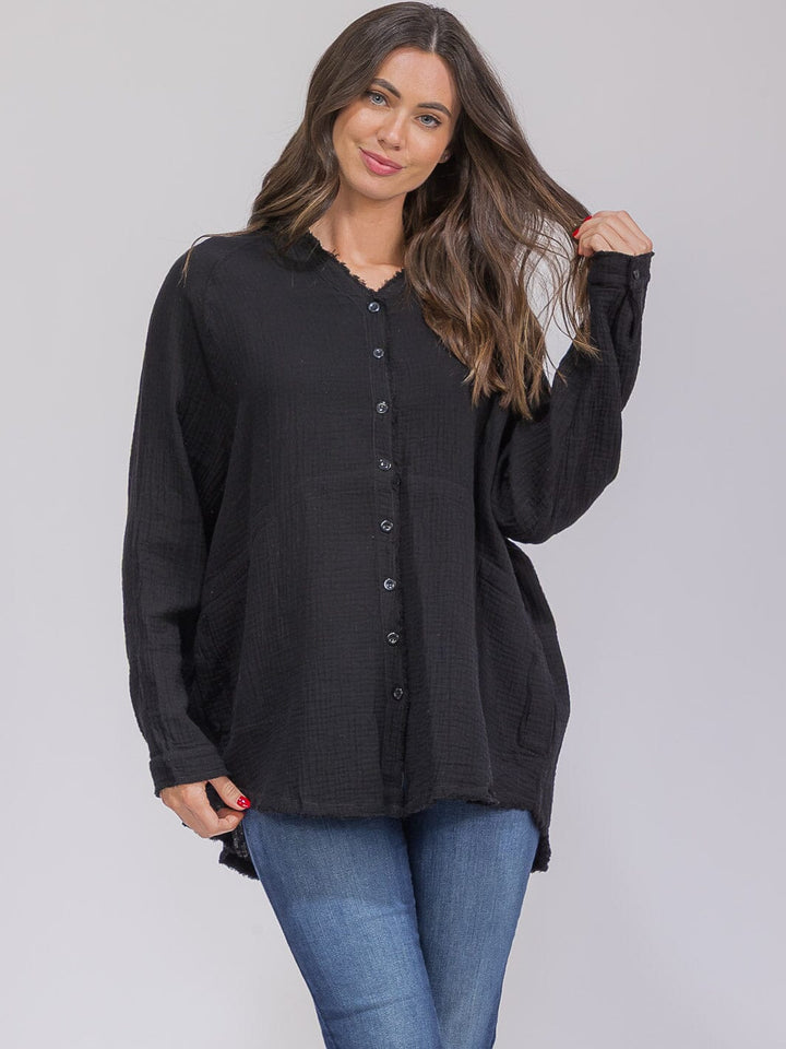 WOMEN'S LONG SLEEVE BUTTON CLOSURE POCKETS TUNIC HIGH-LOW TOP