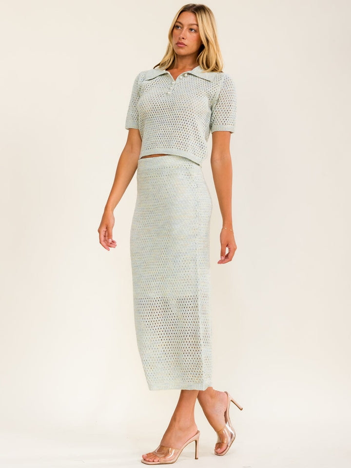BEULAH WOMEN'S SHORT SLEEVE TOP & ELASTIC WAIST MAXI SKIRT CROCHET 2PC. SET