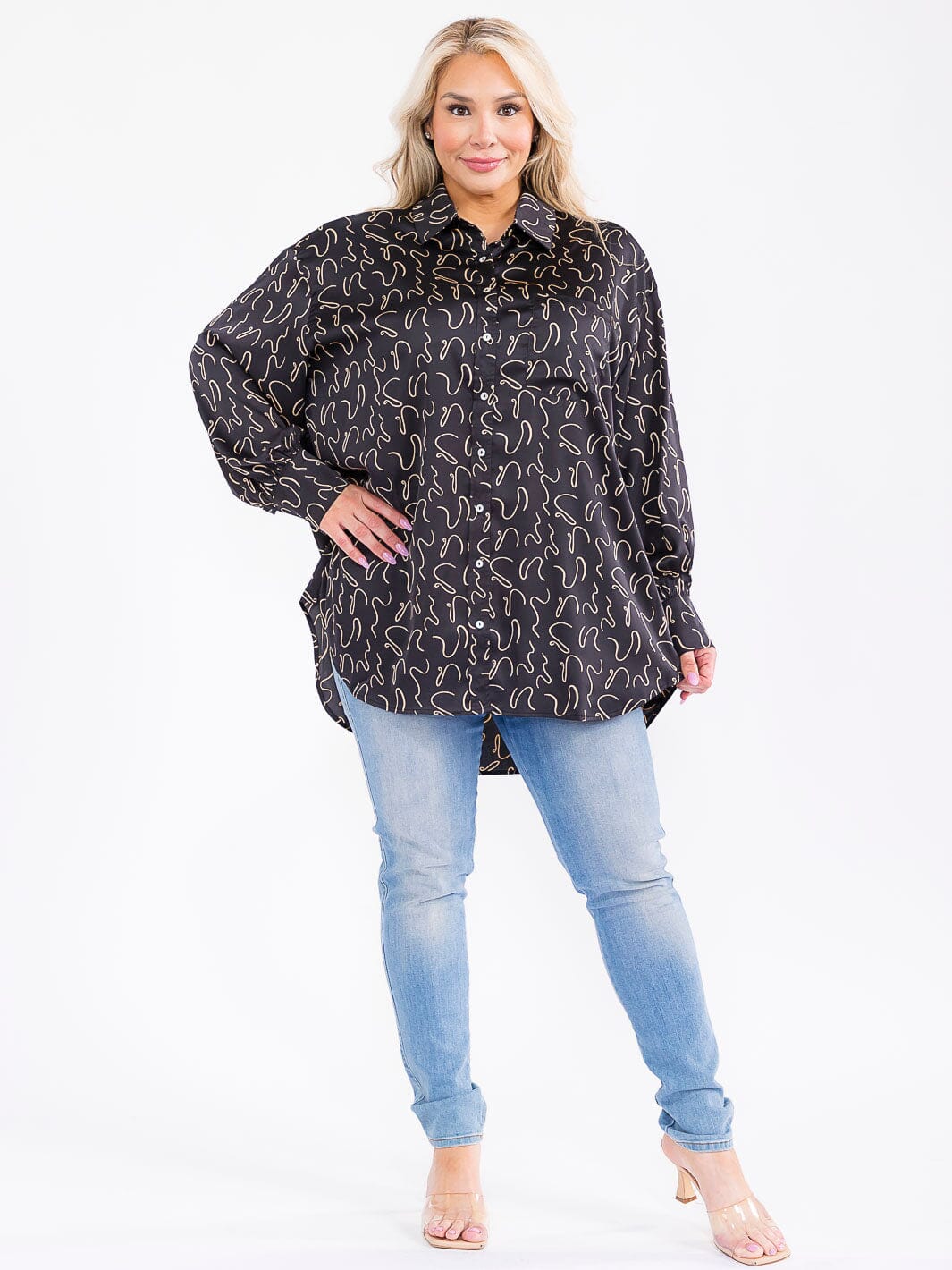 PLUS SIZE LONG SLEEVE BUTTON UP FRONT POCKET HIGH-LOW OVERSIZED BLOUSE