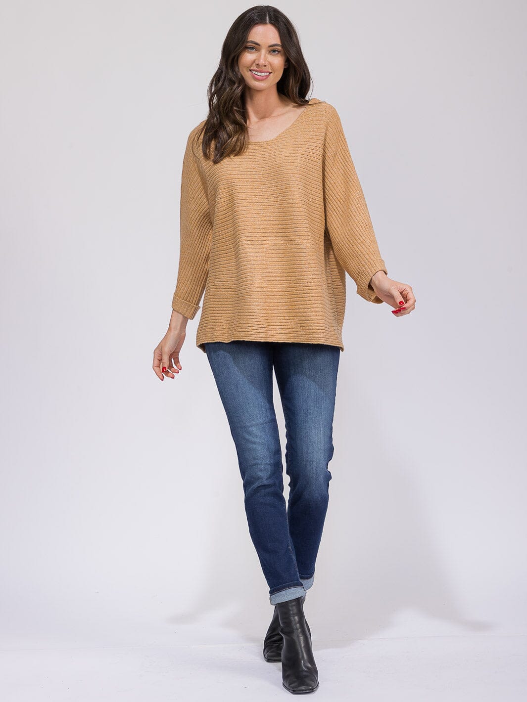 WOMEN'S 3/4 SLEEVE V-NECK RIBBED LOOSE FIT TOP