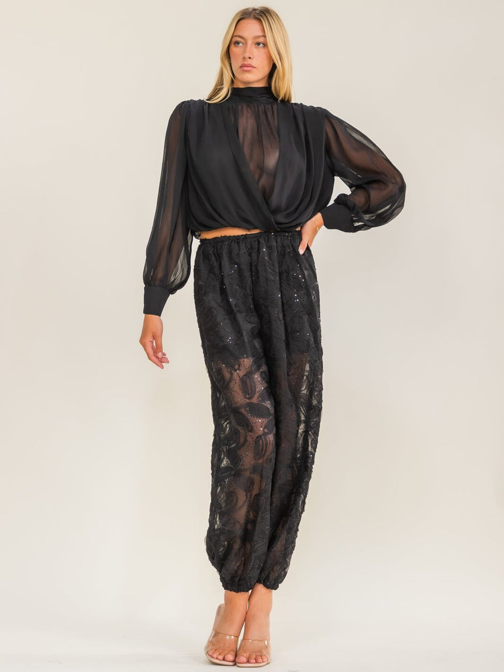 WOMEN'S LONG SLEEVE MESH TOP & ELASTIC WAIST FLORAL SEQUINS PANTS 2PC. SET