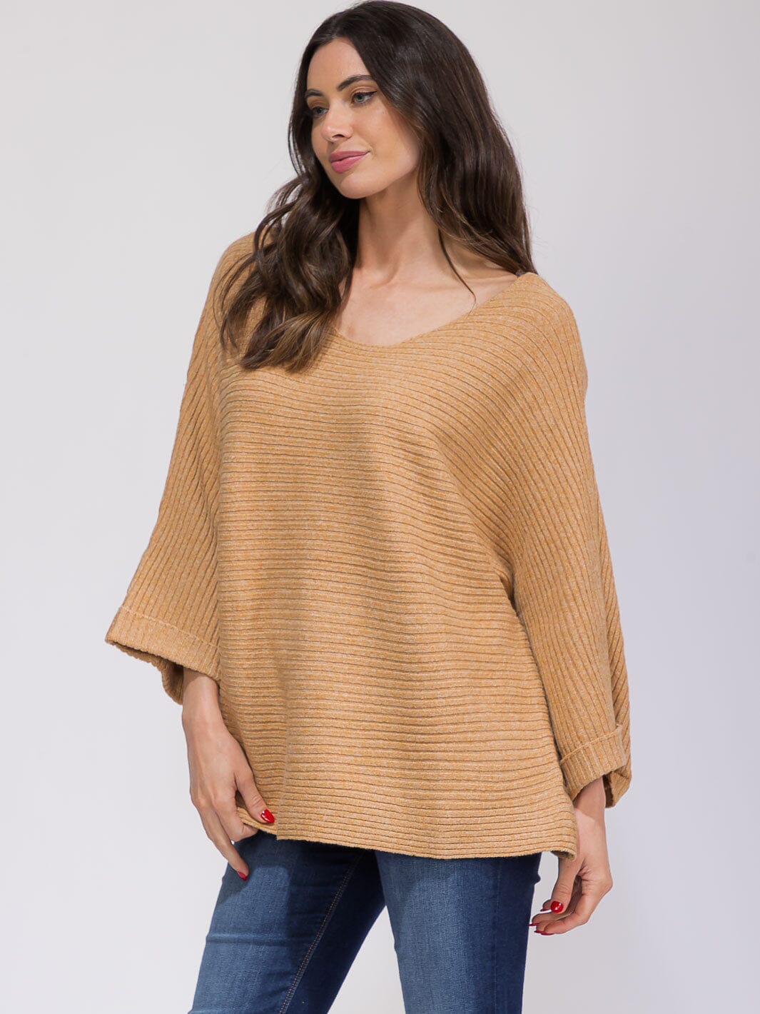 WOMEN'S 3/4 SLEEVE V-NECK RIBBED LOOSE FIT TOP