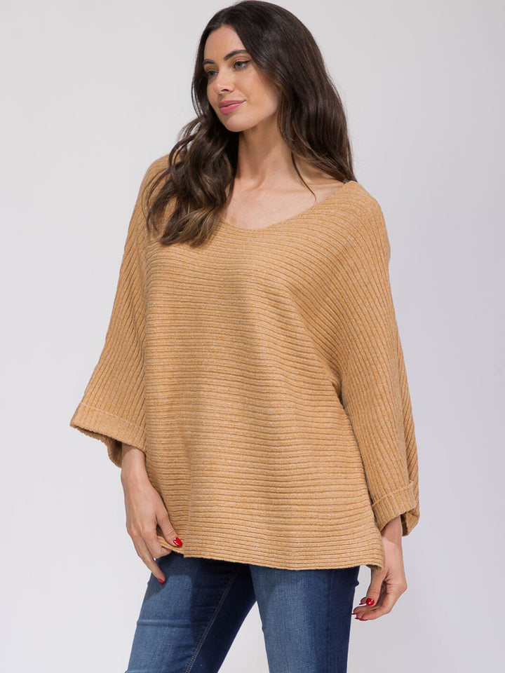 WOMEN'S 3/4 SLEEVE V-NECK RIBBED LOOSE FIT TOP