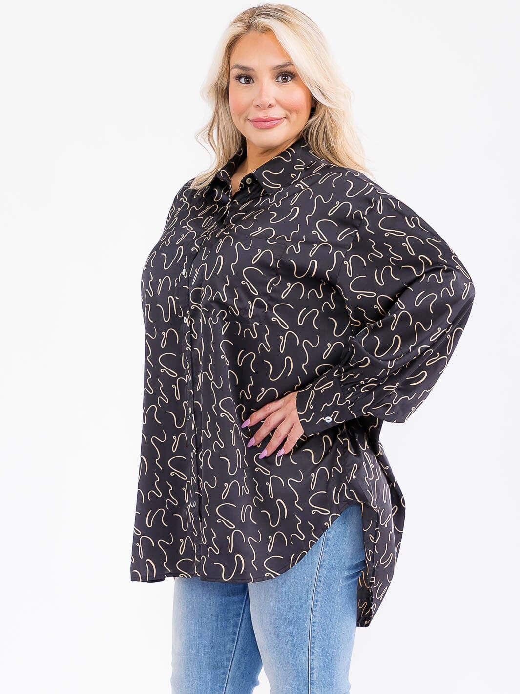 PLUS SIZE LONG SLEEVE BUTTON UP FRONT POCKET HIGH-LOW OVERSIZED BLOUSE