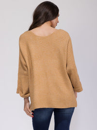 WOMEN'S 3/4 SLEEVE V-NECK RIBBED LOOSE FIT TOP