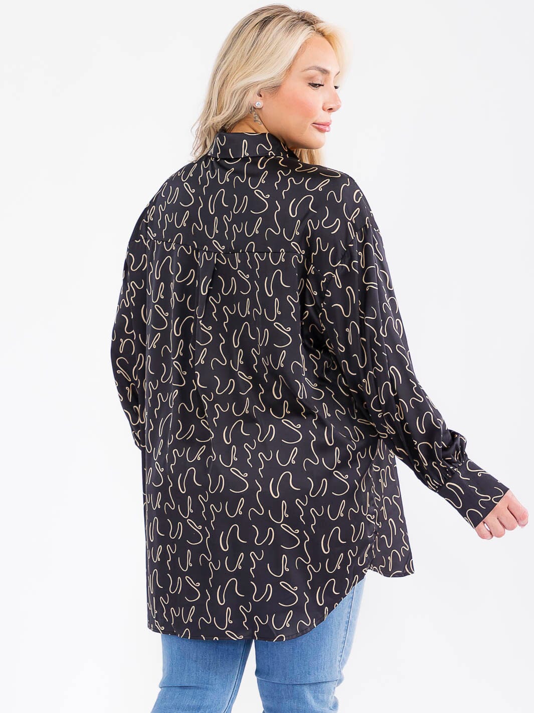 PLUS SIZE LONG SLEEVE BUTTON UP FRONT POCKET HIGH-LOW OVERSIZED BLOUSE