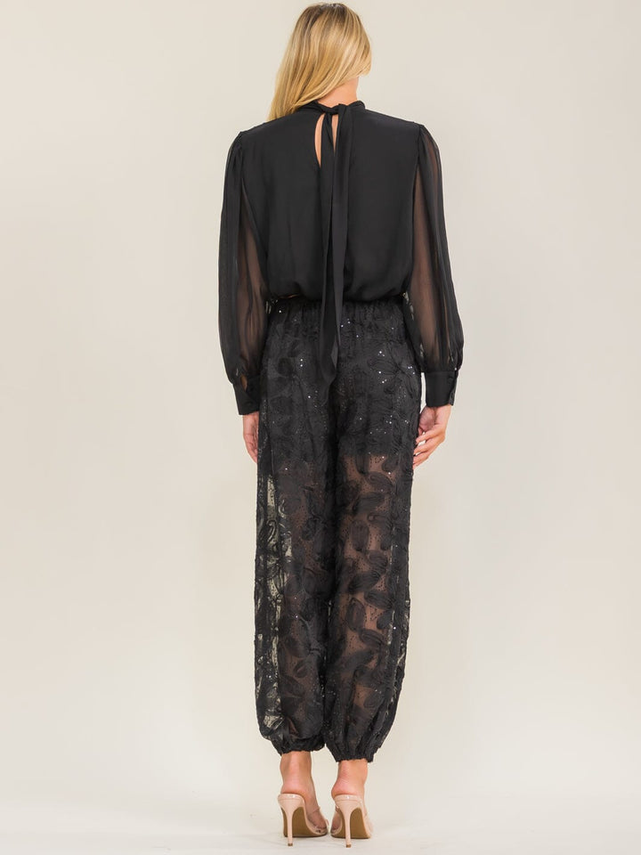 WOMEN'S LONG SLEEVE MESH TOP & ELASTIC WAIST FLORAL SEQUINS PANTS 2PC. SET