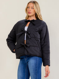 WOMEN'S LONG SLEEVES SELF TIE FRONT POCKETS PUFFER JACKET