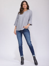 WOMEN'S 3/4 SLEEVE V-NECK RIBBED LOOSE FIT TOP
