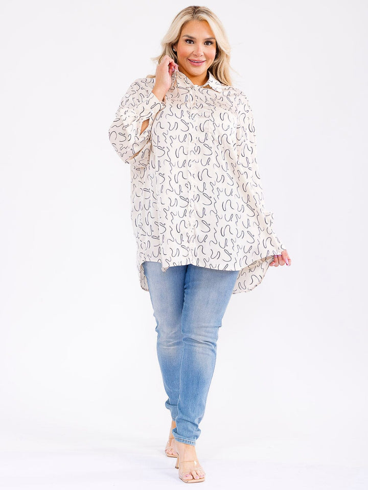 PLUS SIZE LONG SLEEVE BUTTON UP FRONT POCKET HIGH-LOW OVERSIZED BLOUSE