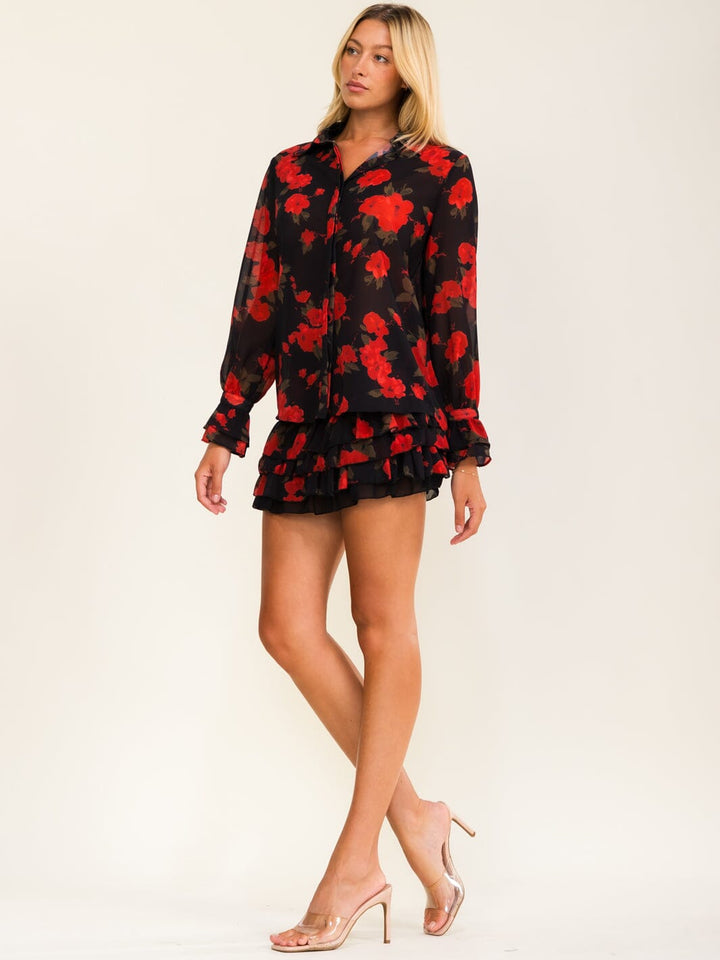 WOMEN'S LONG SLEEVE BUTTON UP BLOUSE & ZIP UP RUFFLE MINI SKORT FLORAL PRINT 2PC. SET