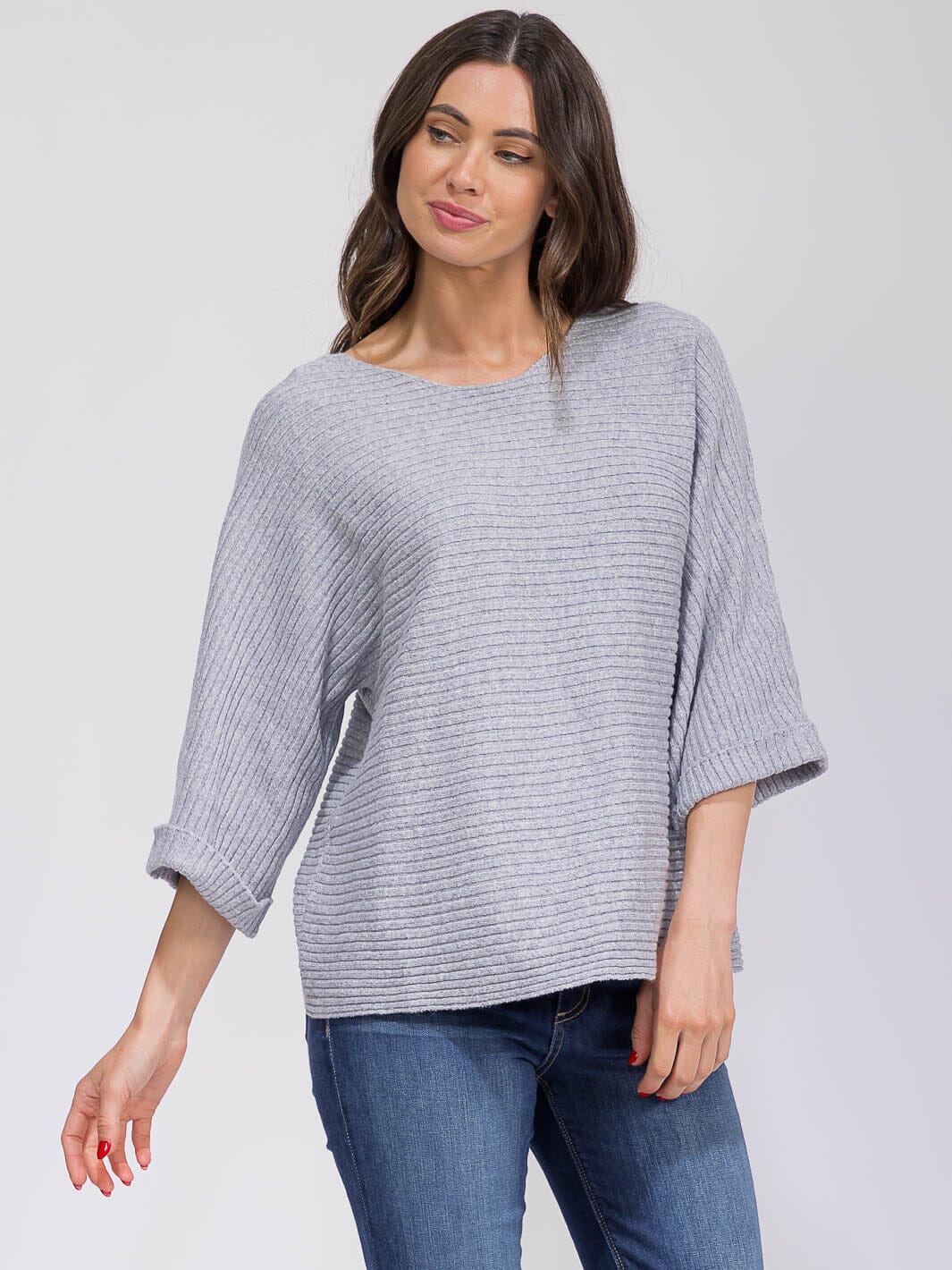 WOMEN'S 3/4 SLEEVE V-NECK RIBBED LOOSE FIT TOP