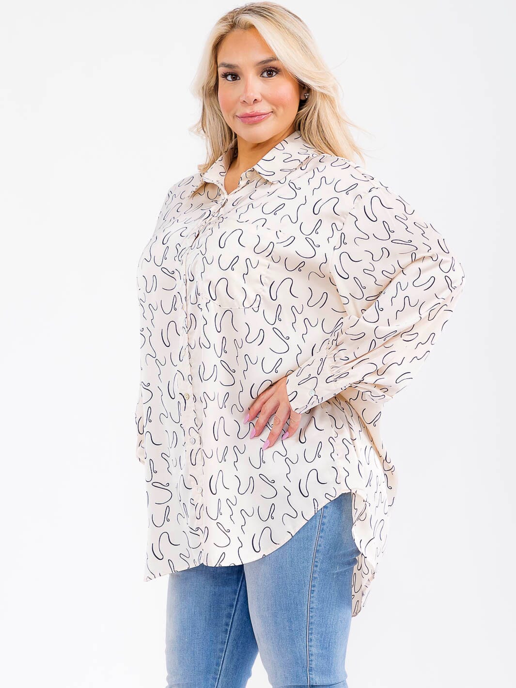 PLUS SIZE LONG SLEEVE BUTTON UP FRONT POCKET HIGH-LOW OVERSIZED BLOUSE