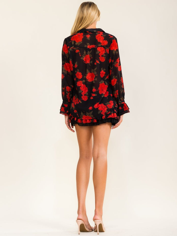 WOMEN'S LONG SLEEVE BUTTON UP BLOUSE & ZIP UP RUFFLE MINI SKORT FLORAL PRINT 2PC. SET