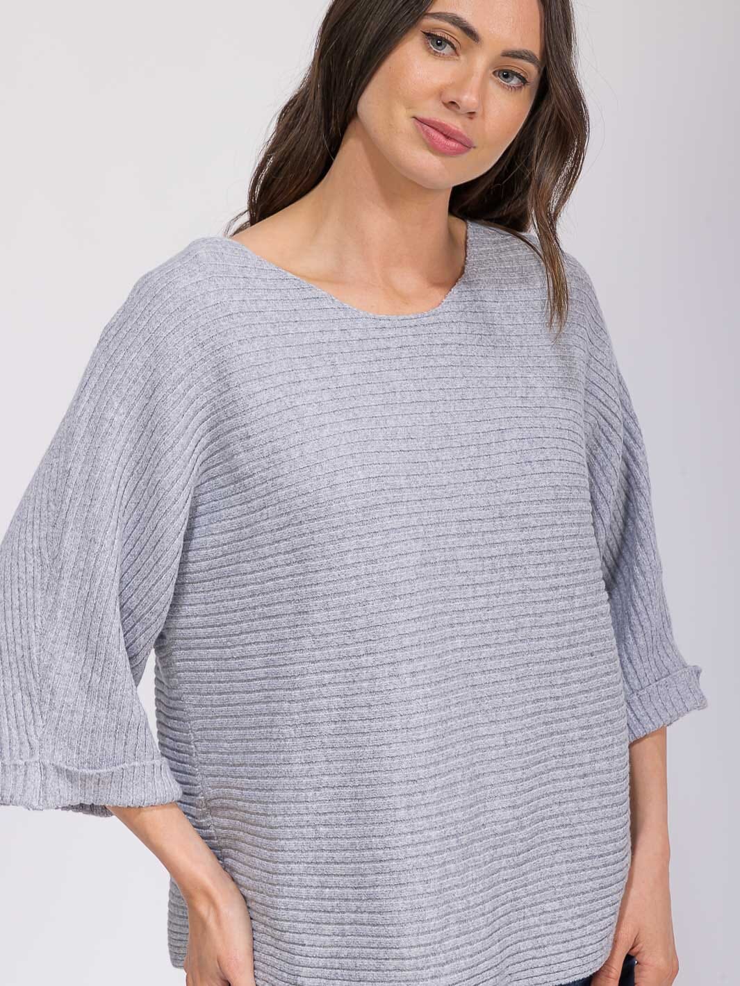 WOMEN'S 3/4 SLEEVE V-NECK RIBBED LOOSE FIT TOP