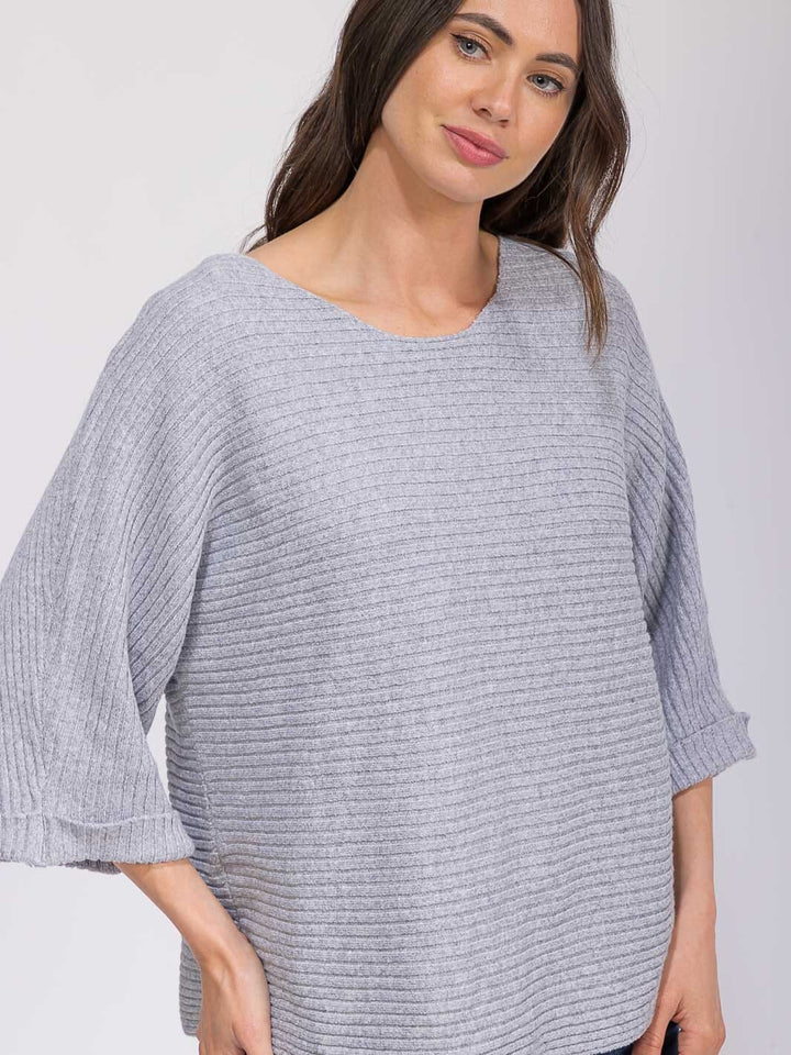 WOMEN'S 3/4 SLEEVE V-NECK RIBBED LOOSE FIT TOP