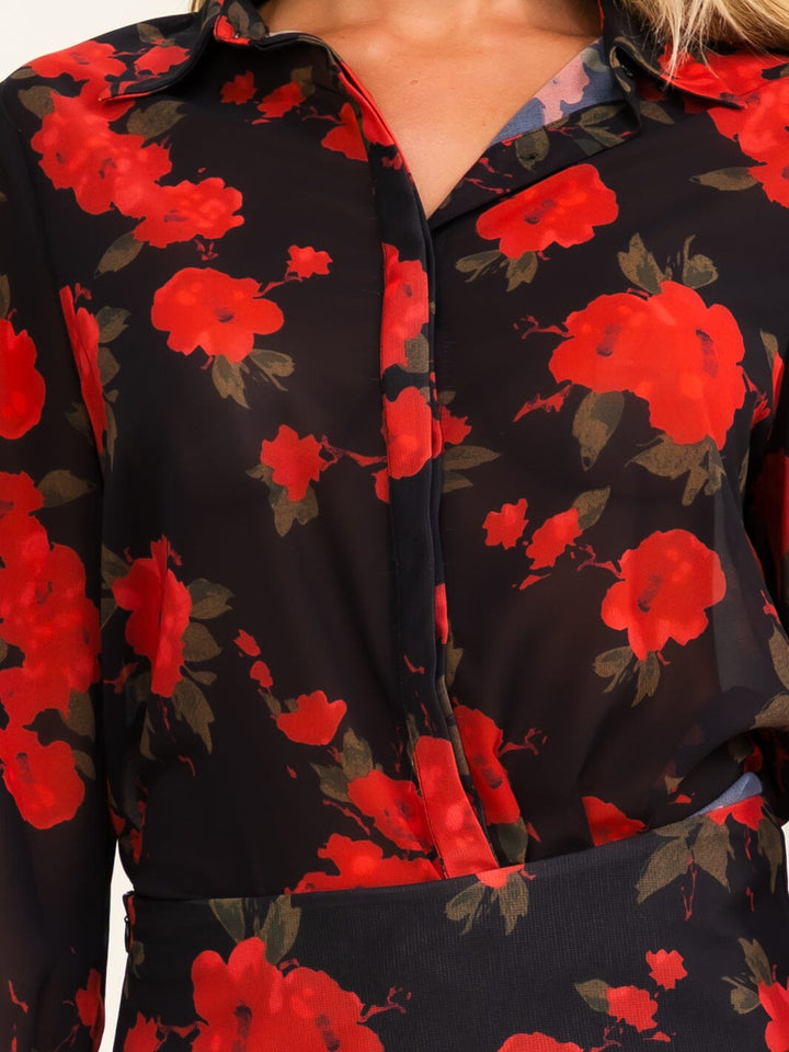 WOMEN'S LONG SLEEVE BUTTON UP BLOUSE & ZIP UP RUFFLE MINI SKORT FLORAL PRINT 2PC. SET