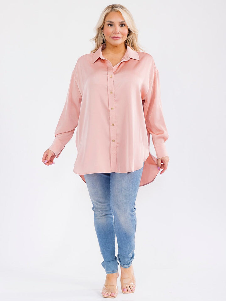 PLUS SIZE LONG SLEEVE BUTTON UP HIGH-LOW OVERSIZED BLOUSE