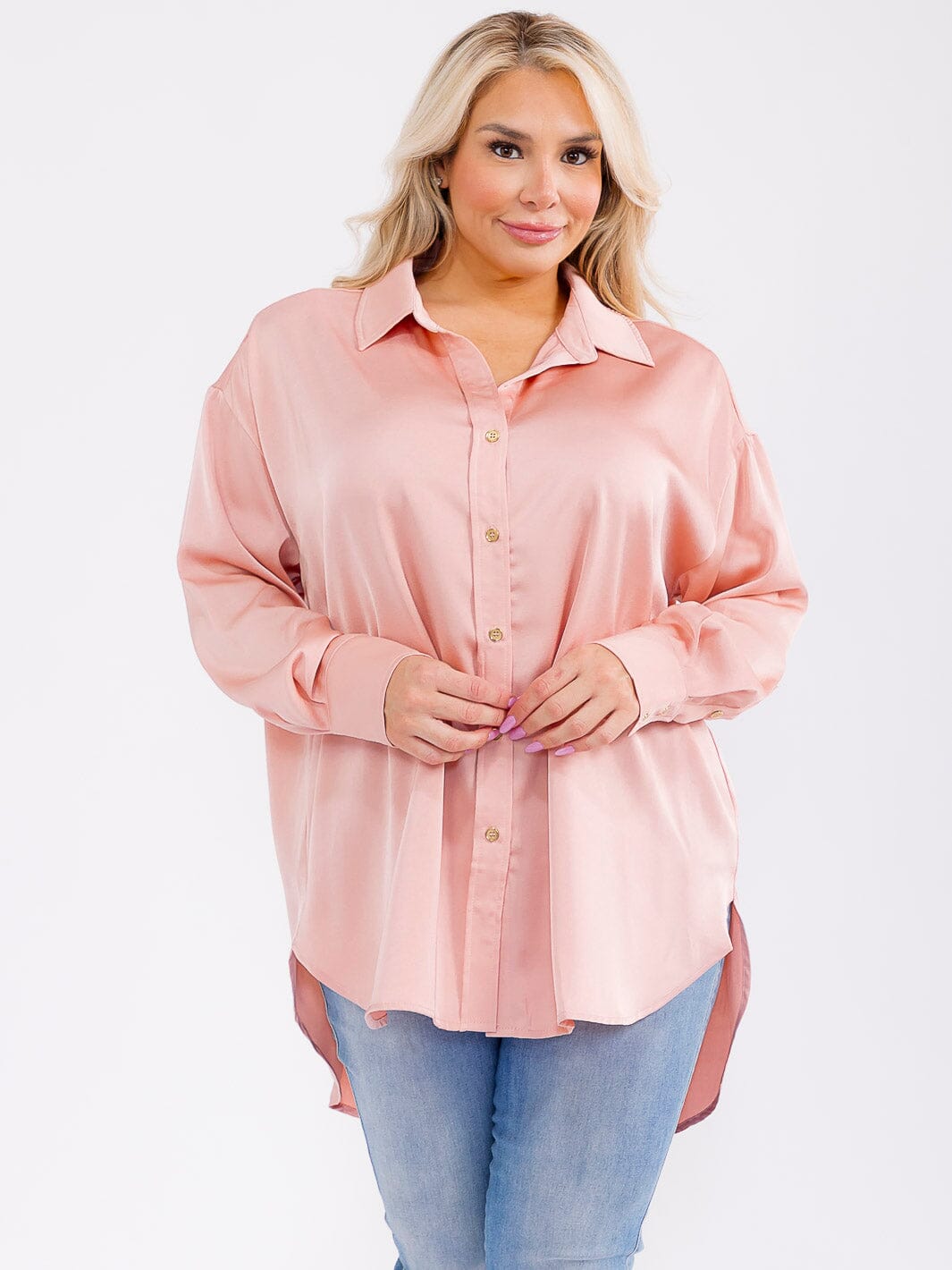 PLUS SIZE LONG SLEEVE BUTTON UP HIGH-LOW OVERSIZED BLOUSE
