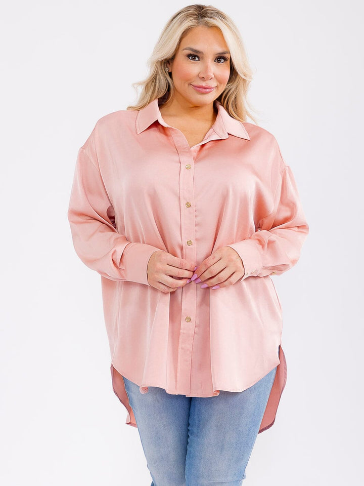 PLUS SIZE LONG SLEEVE BUTTON UP HIGH-LOW OVERSIZED BLOUSE