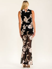 WOMEN'S SLEEVELESS CROP TOP & ELASTIC WAIST PANTS FLORAL DETAILED 2PC. SET