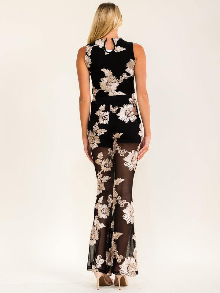 WOMEN'S SLEEVELESS CROP TOP & ELASTIC WAIST PANTS FLORAL DETAILED 2PC. SET