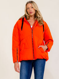 WOMEN'S LONG SLEEVE ZIP UP FRONT POCKETS ADJUSTABLE WAIST HOODED PUFFER JACKET