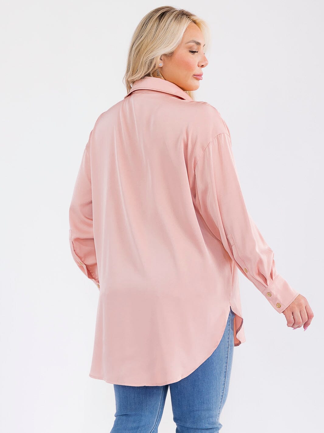 PLUS SIZE LONG SLEEVE BUTTON UP HIGH-LOW OVERSIZED BLOUSE