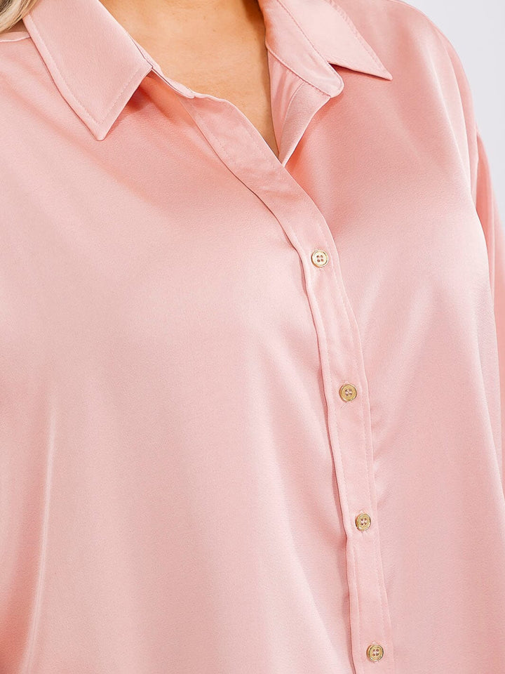 PLUS SIZE LONG SLEEVE BUTTON UP HIGH-LOW OVERSIZED BLOUSE