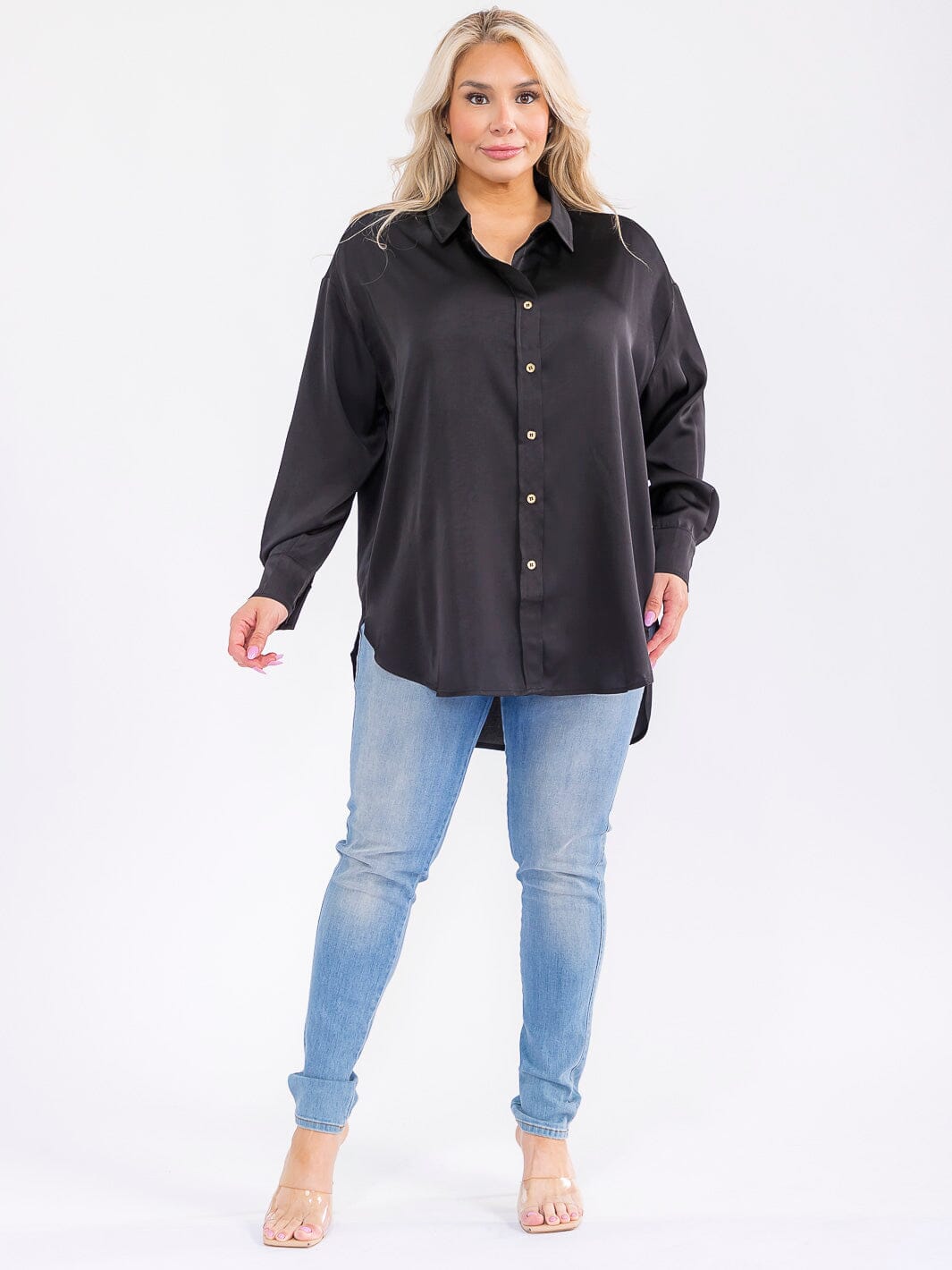 PLUS SIZE LONG SLEEVE BUTTON UP HIGH-LOW OVERSIZED BLOUSE