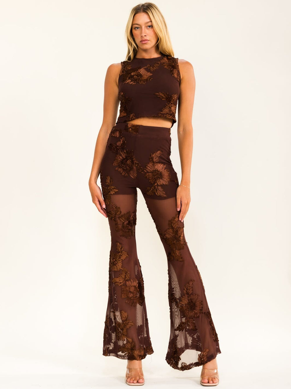 WOMEN'S SLEEVELESS CROP TOP & ELASTIC WAIST PANTS FLORAL DETAILED 2PC. SET