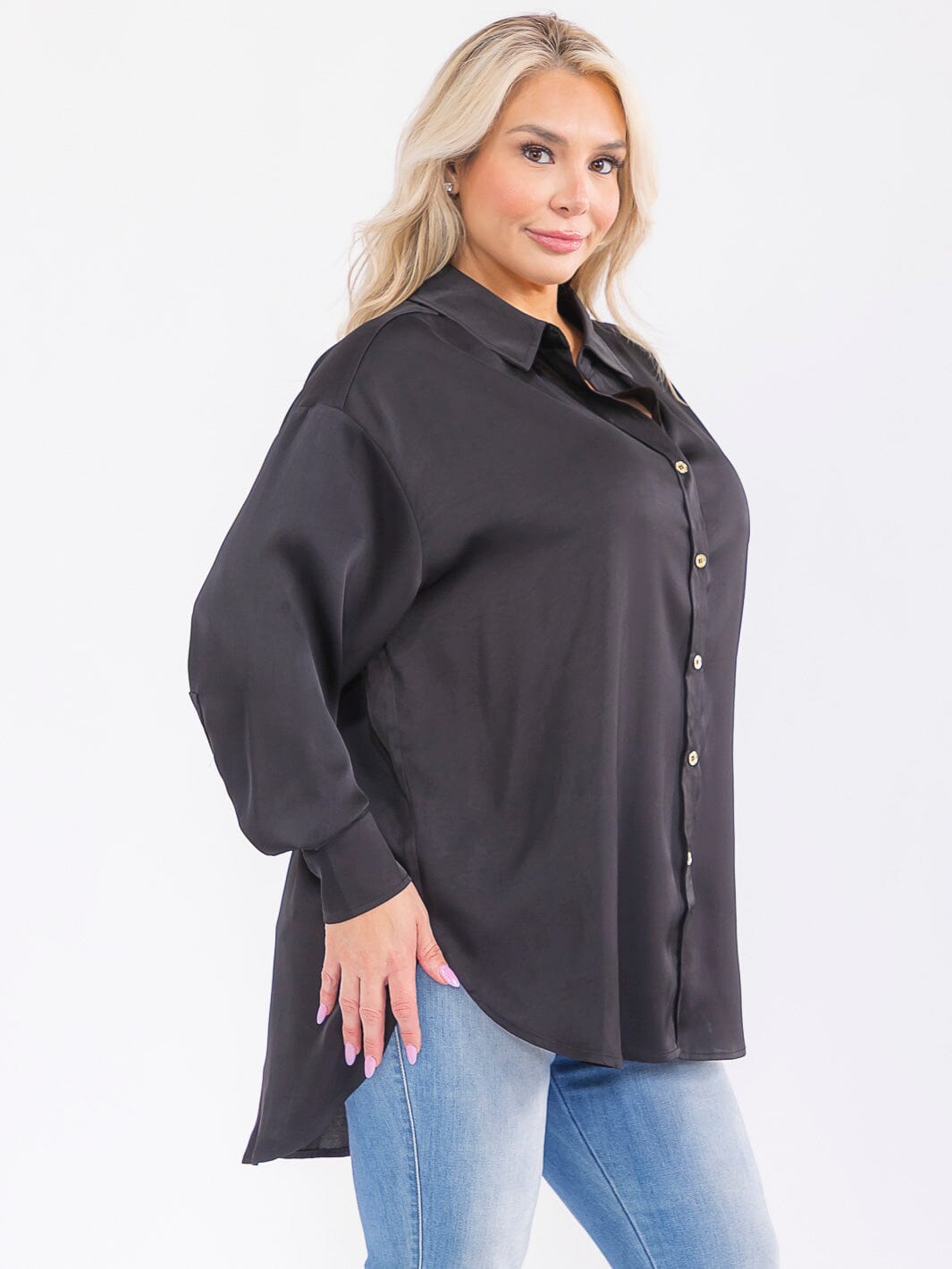 PLUS SIZE LONG SLEEVE BUTTON UP HIGH-LOW OVERSIZED BLOUSE