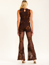 WOMEN'S SLEEVELESS CROP TOP & ELASTIC WAIST PANTS FLORAL DETAILED 2PC. SET