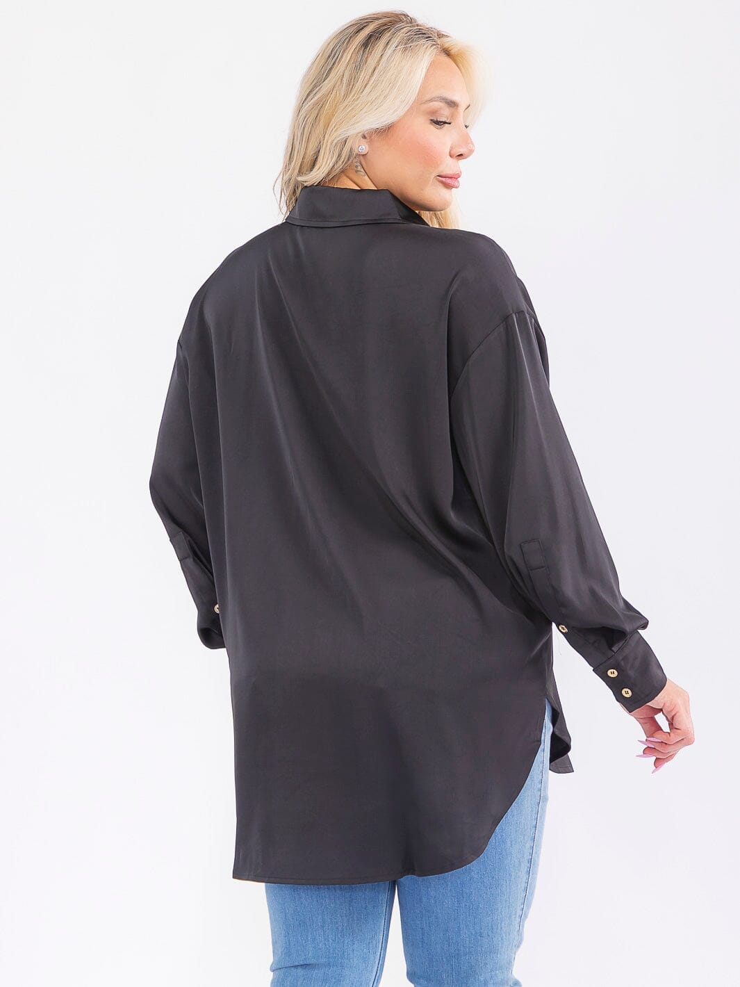 PLUS SIZE LONG SLEEVE BUTTON UP HIGH-LOW OVERSIZED BLOUSE